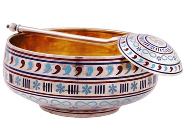 RUSSIAN SILVER AND ENAMEL BOWL WITH SPOON, 1887