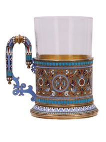 RUSSIAN SILVER AND CLOISONNE ENAMEL TEA GLASS HOLDER, 1893