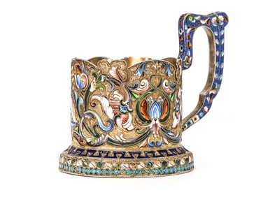 RUSSIAN SILVER ENAMEL TEA GLASS HOLDER, 1908-1917