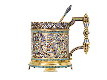 RUSSIAN SILVER AND ENAMEL TEA GLASS HOLDER, 1892