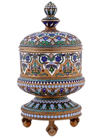 RUSSIAN SILVER-GILT AND ENAMEL TOBACCO JAR, 1883