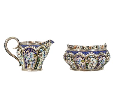 RUSSIAN TWO-PIECE SILVER AND ENAMEL SET, 1908-17