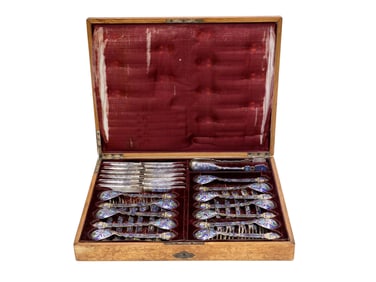 RARE RUSSIAN SILVER ENAMEL FLATWARE SERVICE, 1886