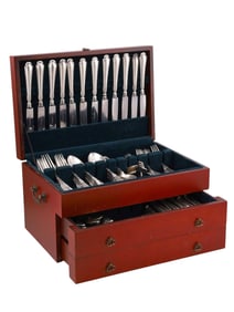 A CASED SET OF RUSSIAN SILVER FLATWARE BY FABERGE, 98 PCS.