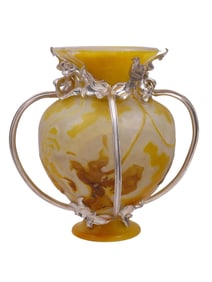 A GALL? GLASS VASE WITH RUSSIAN ART NOUVEAU SILVER MOUNTS BY BOLIN