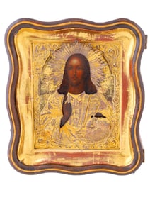 RUSSIAN ICON OF CHRIST, SILVER-GILT RIZA, 1864