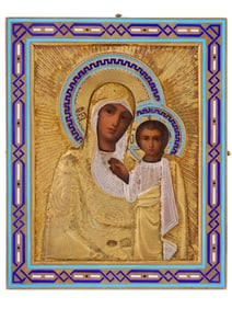 RUSSIAN ICON, SILVER AND ENAMEL RIZA, 1899-1908