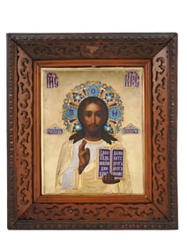 RUSSIAN ICON, SILVER AND ENAMEL RIZA, 1899-1908