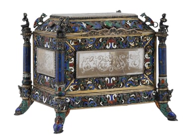 AN AUSTRIAN SILVER AND POLYCHROME ENAMEL CASKET OR CHEST, CIRCA 1880