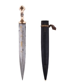 A CAUCASIAN KINDJAL OR QUAMA DAGGER WITH GOLD INLAY, 19 C.