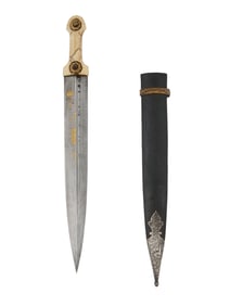 A RARE SOUTHERN CAUCASUS AZERBAIJAN GEORGIAN KINDJAL DAGGER WITH BONE HANDLE AND GOLD DAMASCENE,
