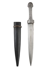 AN UNUSUAL CAUCASIAN DAGGER WITH AN ENGRAVED STEEL GRIP, 19TH C.