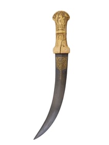 A FINE WOOTZ BLADED ISLAMIC PERSIAN KHANJAR DAGGER WITH ARABIC INSCRIPTION, 19TH CEN.