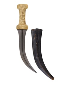 A WOOTZ-BLADED PERSIAN KHANJAR DAGGER WITH A CARVED HANDLE, 19TH CEN.