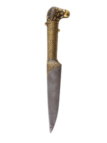 AN UNUSUAL INDO-PERSIAN KNIFE WITH CONTAINER HANDLE GOLD KOFTGARI DECORATION