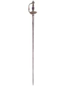 A FRENCH COURT SWORD DECORATED WITH GLASS GEMSTONES ON THE HANDLE