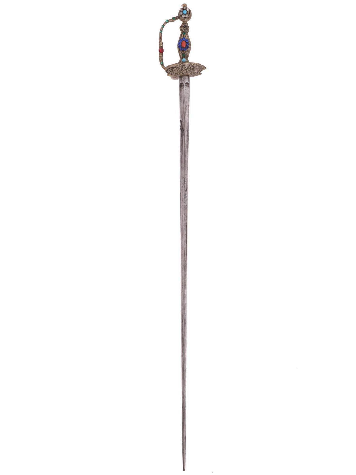 A FRENCH COURT SWORD DECORATED WITH GLASS GEMSTONES ON THE HANDLE: A 19th-century French court sword inscribed with the maker's mark ''L. Carre a Paris'. The handle of the sword is finely decorated with glass ''gemstones' and is made primarily of bronze, which has be