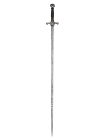 A 17TH CENTURY ITALIAN SWORD WITH INSCRIPTION AND CHASED IRON HILT