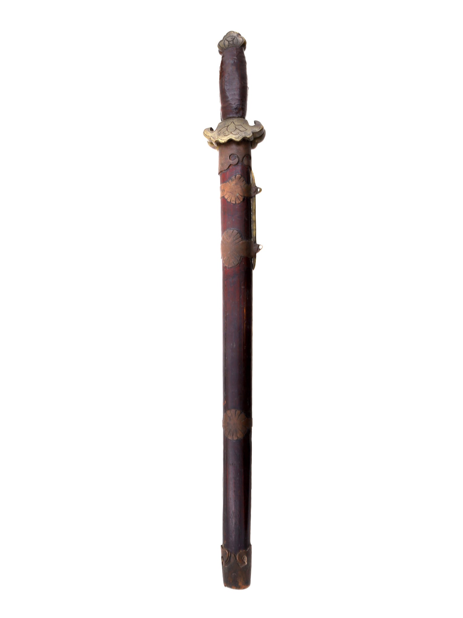 A MATCHED SET OF CHINESE JIAN SWORDS IN ONE SCABBARD, 19TH CEN.: A matching pair of Chinese jian swords held in a single scabbard. The swords are detailed only on the outwardly facing side, while the reverse lacks shape and decoration. For instance, each sword blad