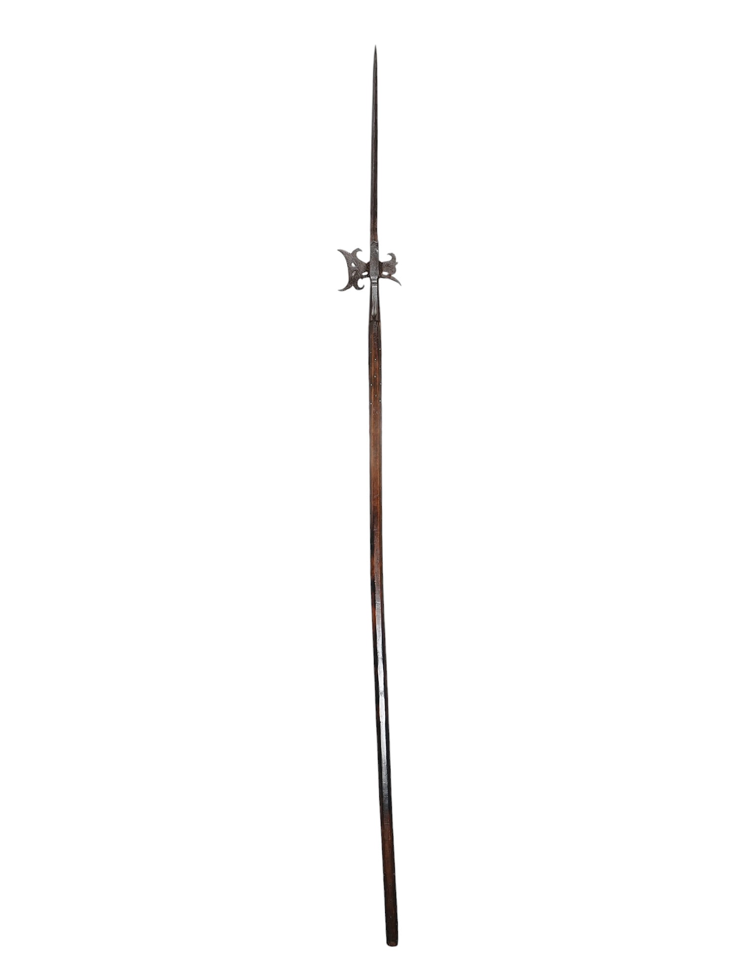 A EUROPEAN ENGRAVED IRON HALBERD ON FACETED WOODEN SHAFT, 17TH CEN. (1 of 5)