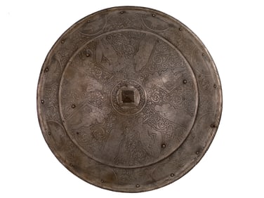 AN ETCHED STEEL SHIELD IN THE RENAISSANCE STYLE, 19TH CENTURY