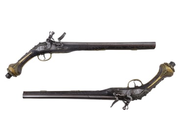 A PAIR OF MATCHED SILVER-MOUNTED DAMASCUS STEEL OTTOMAN FLINTLOCK PISTOLS, EARLY 19TH CEN.