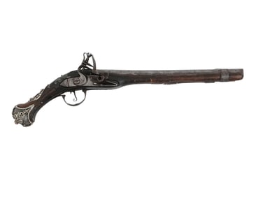 AN OTTOMAN FLINTLOCK PISTOL WITH SILVER DECORATION, 19TH CEN.