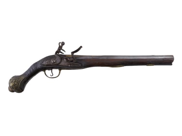 AN OTTOMAN FLINTLOCK PISTOL WITH GOLD DAMASCENE ARABIC INSCRIPTIONS, 19TH CEN.