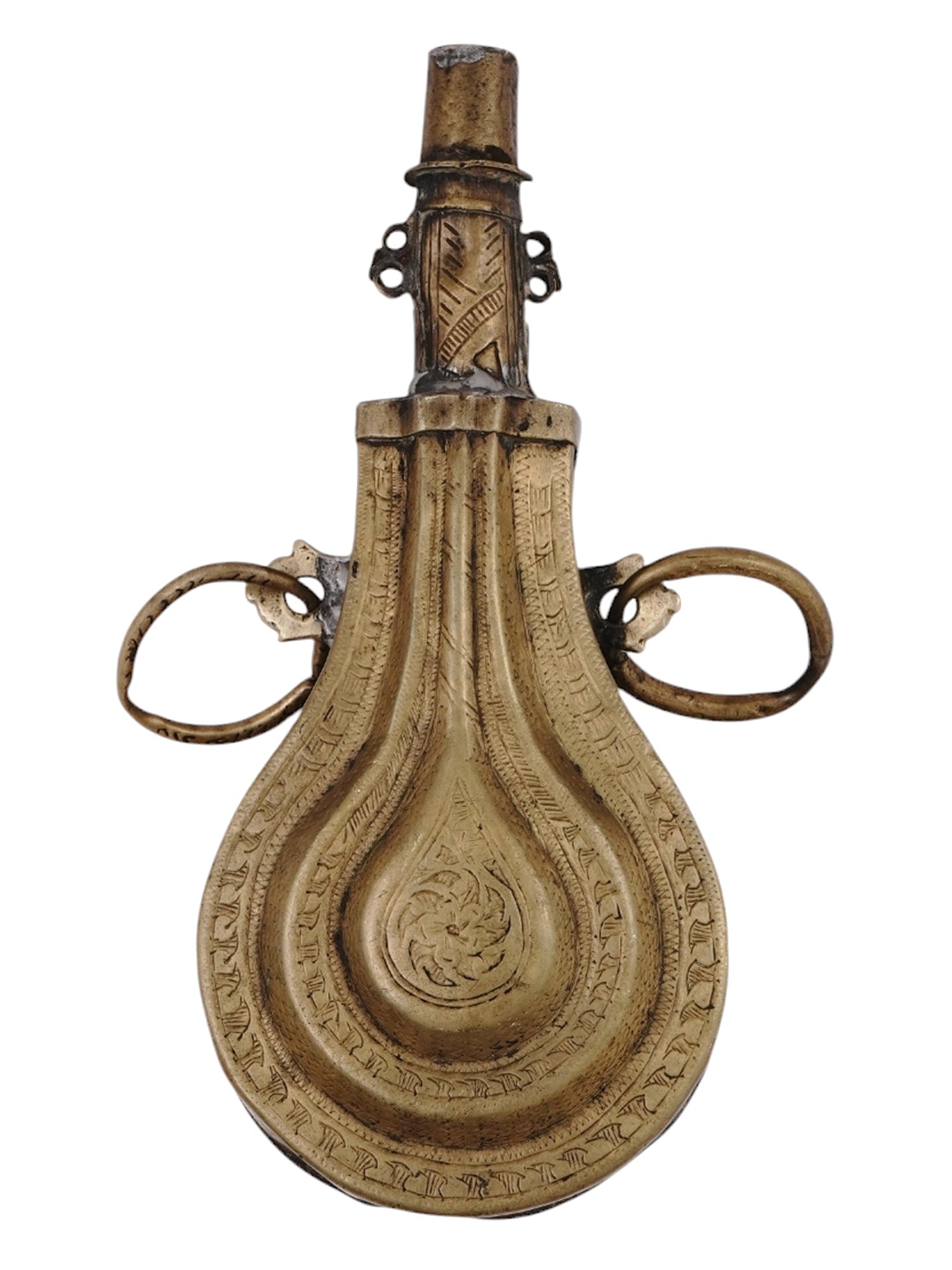 AN ISLAMIC "BALLOON" GUNPOWDER FLASK, 19TH CENTURY: An Islamic gunpowder flask of balloon form and cast entirely in brass. Heavily engraved throughout the surface with scrolling fret-like patterns. Missing its stopper and chain. Dimensions: H: 8 1/4 in