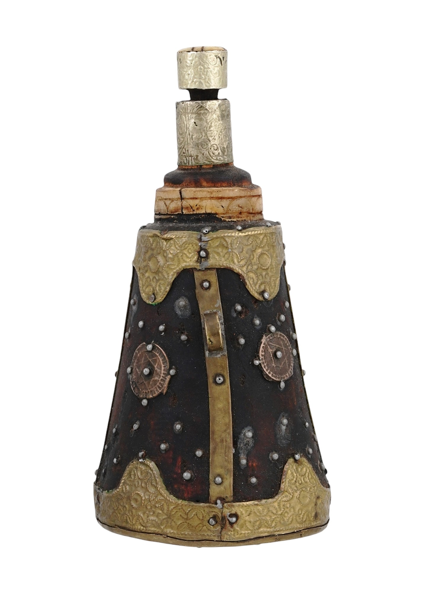 A NORTH AFRICAN BRASS-MOUNTED PRIMING FLASK, 19TH CEN. (1 of 3)