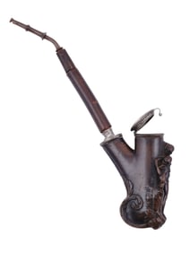 A GERMAN CARVED WOOD TOBACCO PIPE AS A NUDE WOMAN AND CHILD W/ SILVER FITTINGS, 19TH CEN.