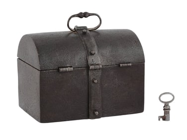 A DOME-FORMED LIDDED STRONG BOX WITH A HIDDEN LOCK, 18TH CEN.