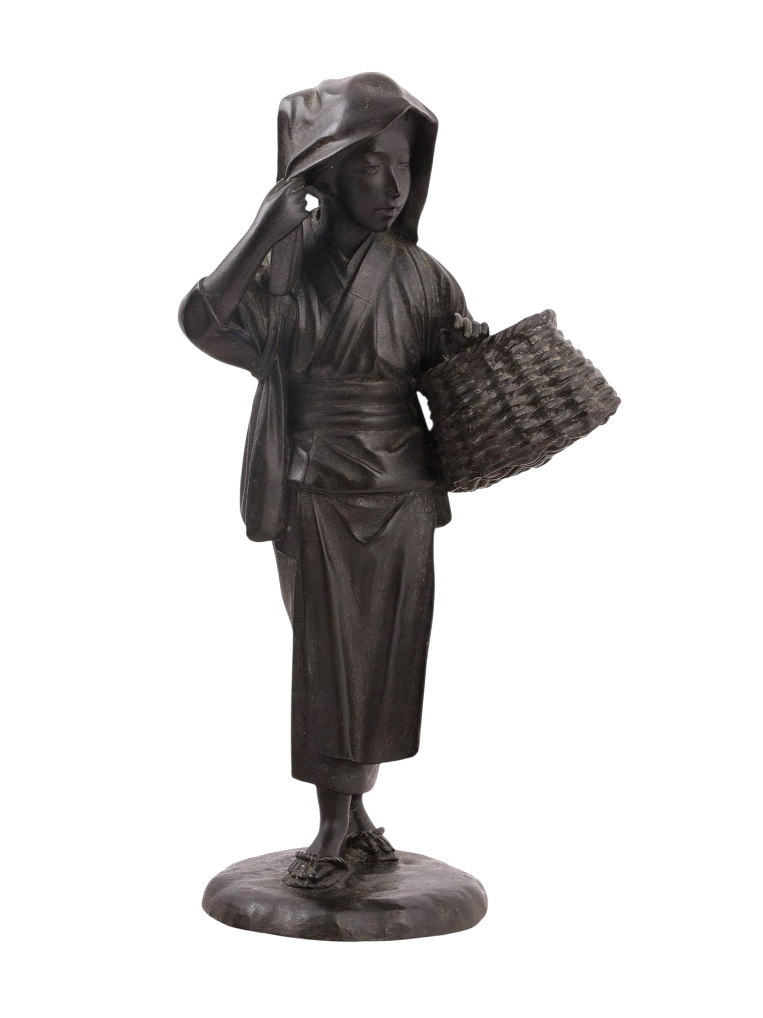 A SIGNED JAPANESE BRONZE FIGURE OF A WOMAN WITH A BASKET, MEIJI PERIOD (1868–1912) (1 of 6)