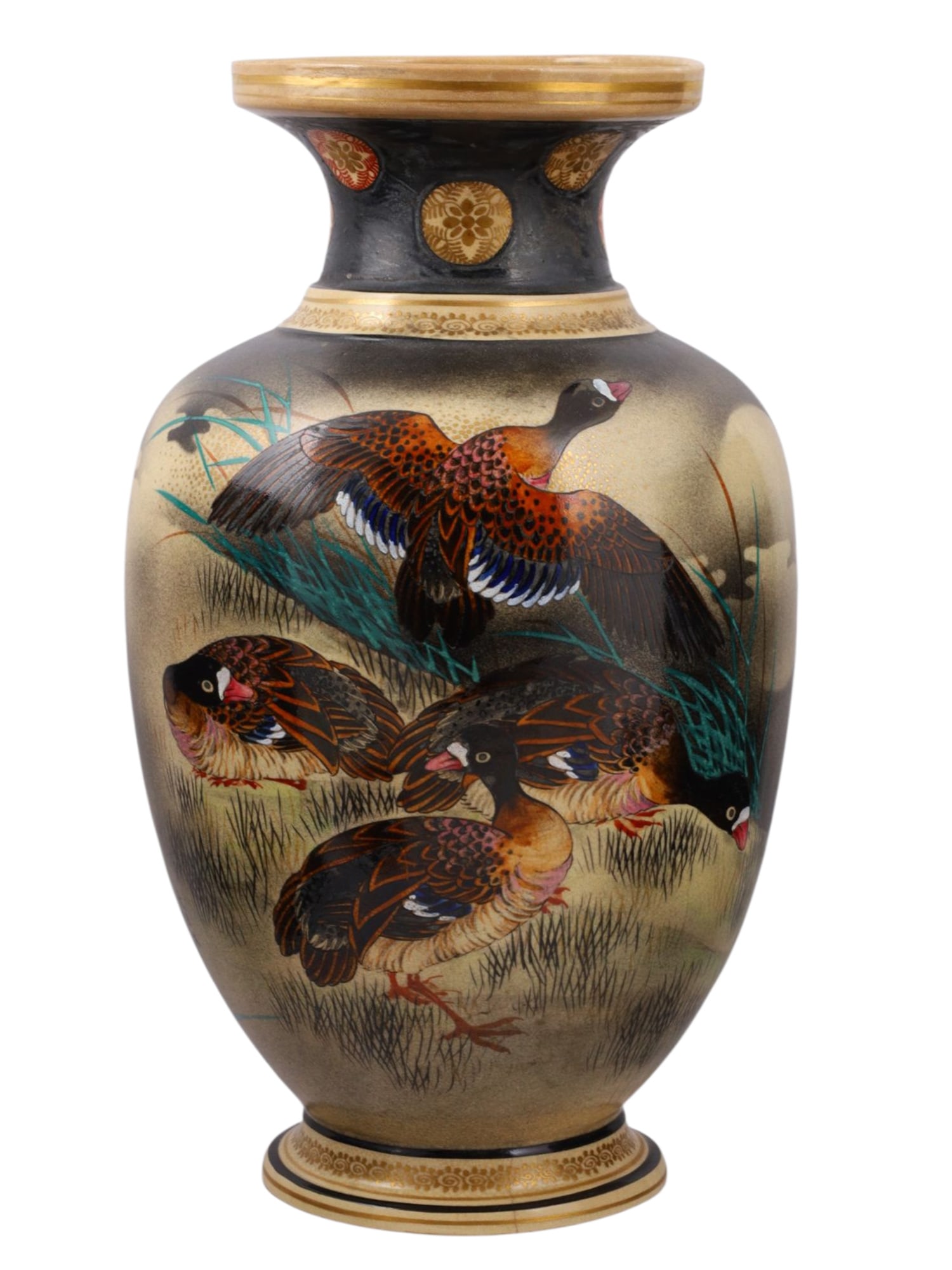 A JAPANESE SATSUMA VASE, MEIJI PERIOD, LATE 19TH CENTURY: Of ovoid form with everted rim, finely hand-painted in polychrome enamels and gilt with a continuous scene of pheasants in flight and on the ground among reeds, before a full moon rendered in soft sha