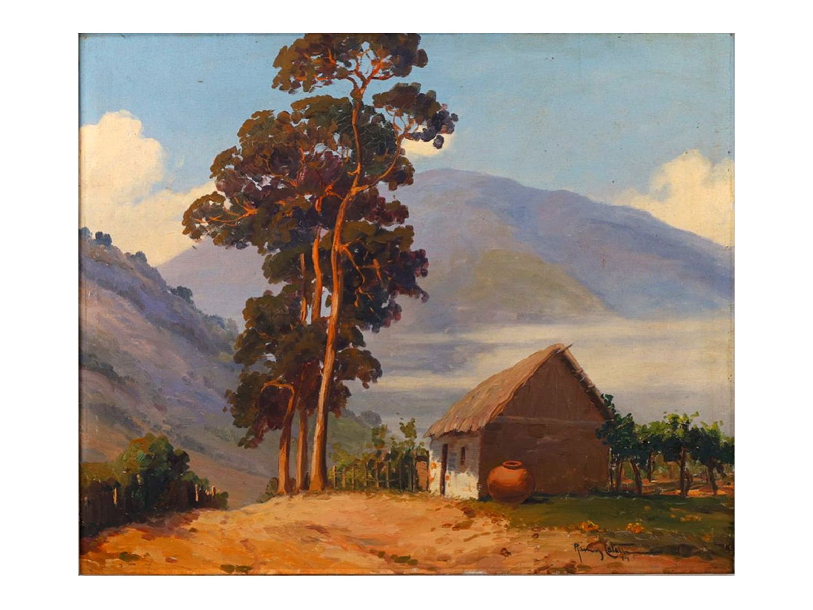A BENITO RAMOS CATALAN (1888-1961) SOUTH AMERICAN PAINTING: BENITO RAMOS CATAL?N (Chilean, 1888–1961). South American Landscape with Thatched Hut and Mountains, 1914 Oil on canvas, signed and dated lower right "Ramos Catalán 14" A vibrant early 20th-century