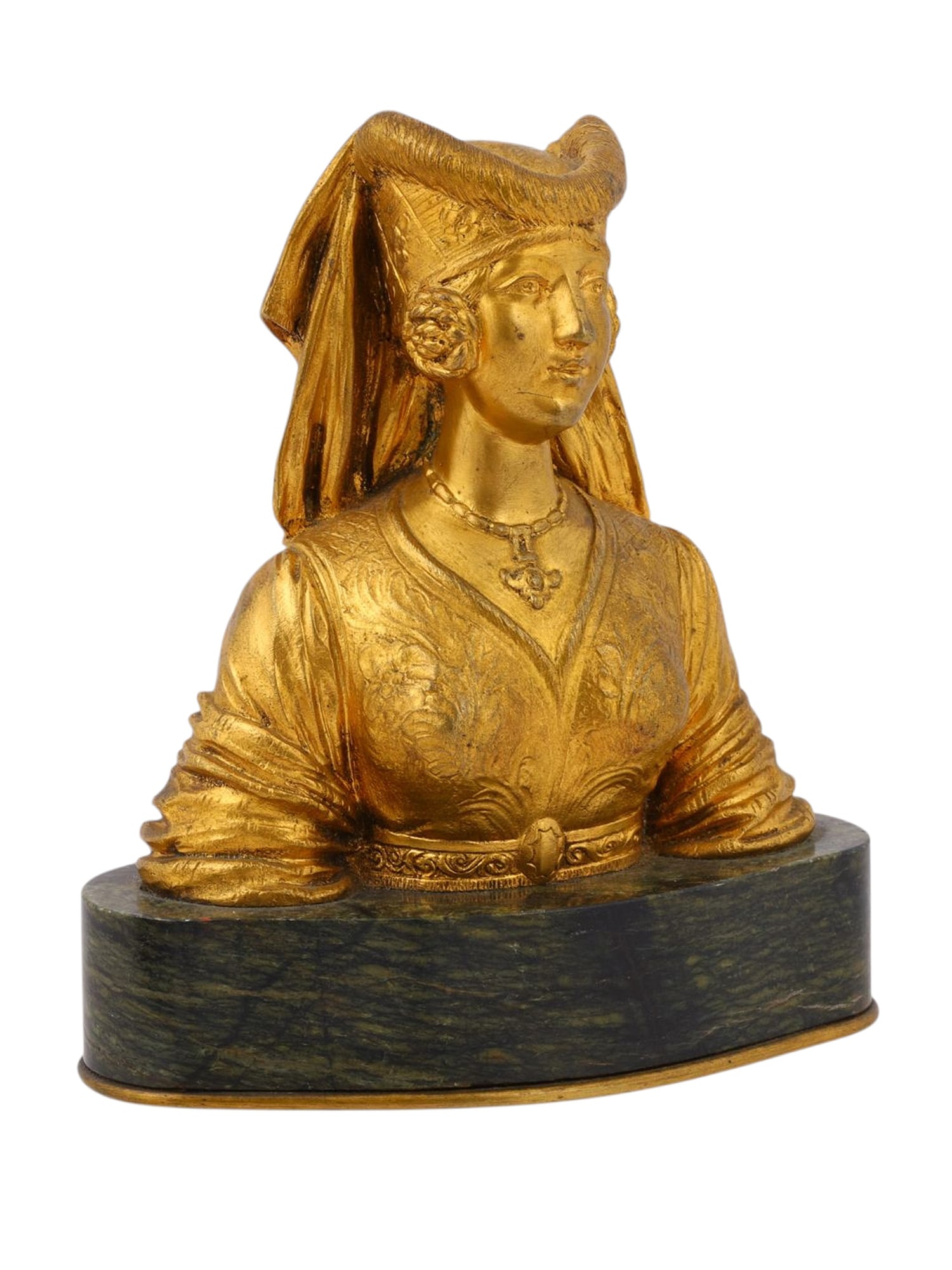 A GILT BRONZE BUST OF A MEDIEVAL NOBLEWOMAN IN ESCOFFION, 19TH CENTURY (1 of 6)