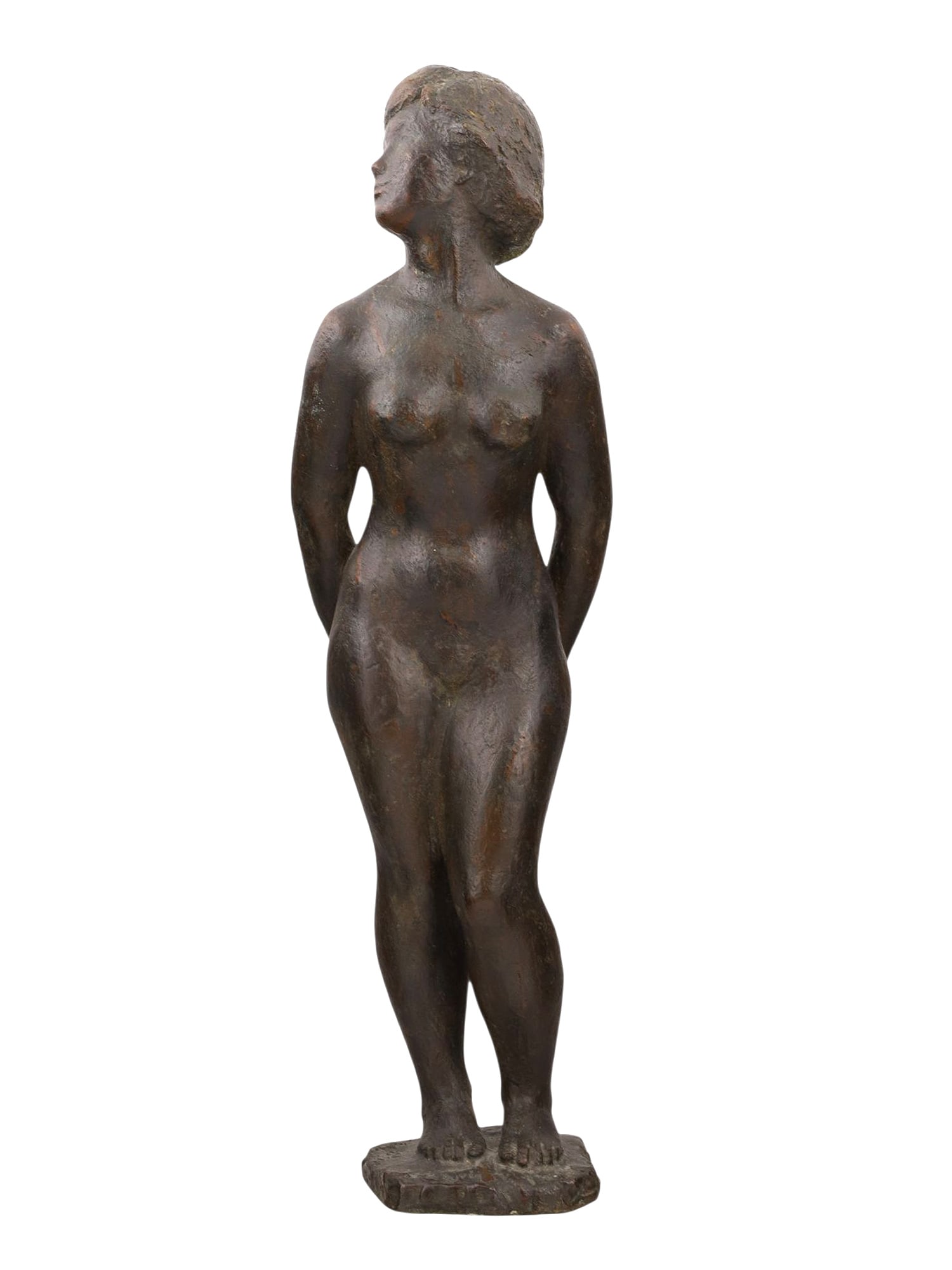 A CAST BRONZE FIGURE OF A NUDE FEMALE BY ANKER HOFFMAN, DANISH, C. 1959: Anker Hoffmann (Danish, 1904-1985), a mid-century cast bronze figure of a standing nude female. Covered with a rich brown patina. Signed with a monogram to the ground-like base and dated '59. Note: An