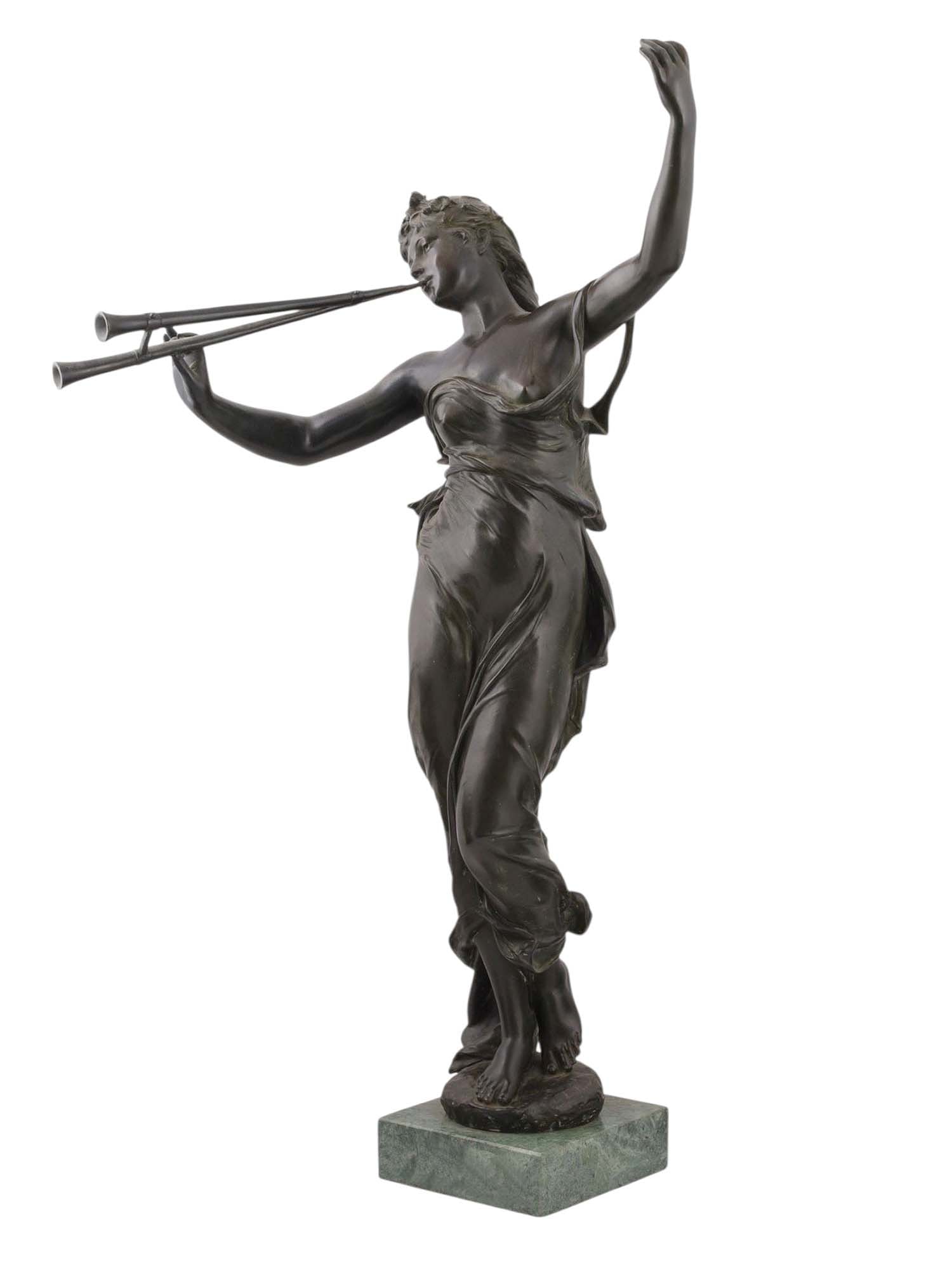 A EUGÈNE MARIOTON (1857-1933) FRENCH BRONZE GIRL WITH AULOS PIPES, C. 1900: A beautiful bronze figure by French sculptor Eugène Marioton (1857-1933) depicting a classical Greek woman, possibly a muse, dancing as she plays the double aulos flutes. The piece is signed on the b