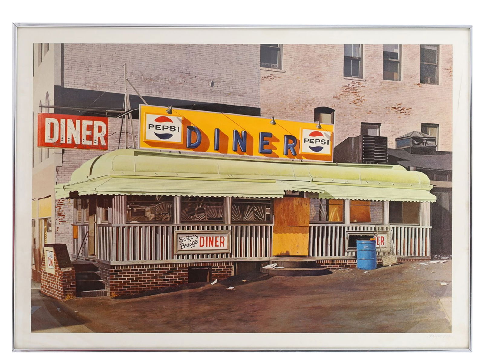 JOHN BAEDER (AMERICAN, B. 1938) SIGNED SERIGRAPH, "SCOTT'S BRIDGE DINER," 1974: Serigraph in colors on wove paper, depicting a classic American roadside diner façade with bold signage reading DINER and Pepsi, executed in Baeder’s signature Photorealist style. The scene emphasi