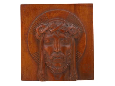 A CARVED WOOD PANEL OF CHRIST WITH CROWN OF THORNS, SIGNED, EARLY 20TH CENTURY