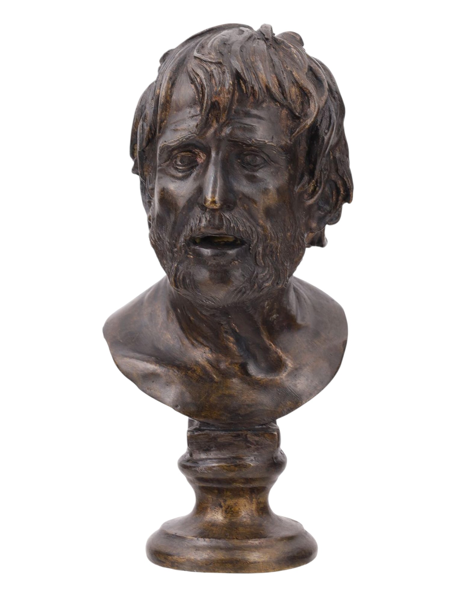 A GRAND TOUR BRONZE BUST OF SENECA, 19TH CENTURY: A bronze bust of the famous Roman statesman, dramatist, and Stoic philosopher Seneca, one of the most influential ancient writers and thinkers to this day. This particular bust is modeled after the on