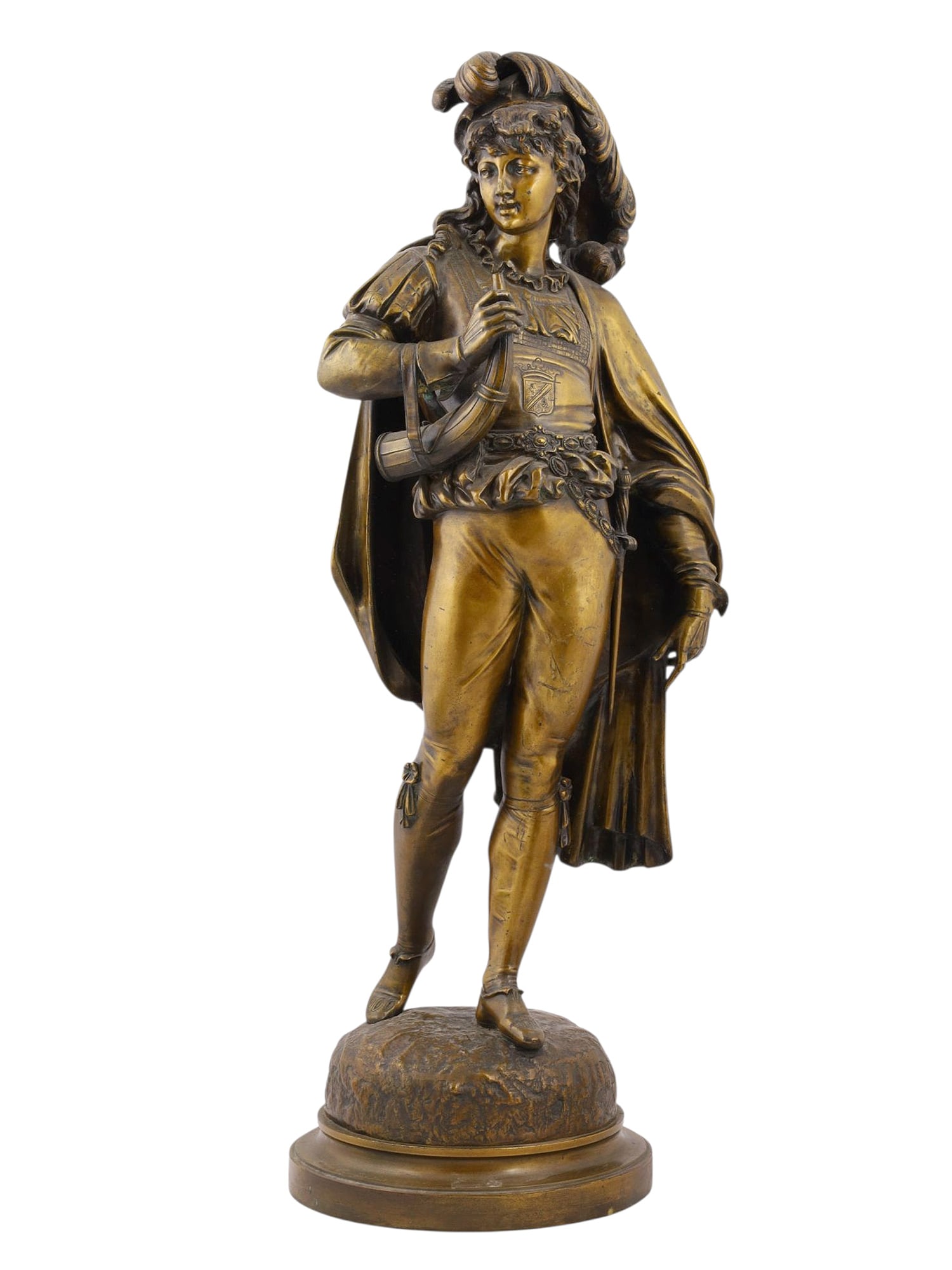 A PAUL DUBOY (1830-1886) LARGE FRENCH BRONZE FIGURE OF A RENAISSANCE HUNTER: A tall bronze sculpture by French artist Paul DuBoy (1830-1886), depicting a Renaissance era hunter in ostentatious costuming emblazoned with the coat of arms of his lord, holding a horn in his right