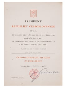 A CZECHOSLOVAKIAN CITATION FOR "MEDAL OF BRAVERY"