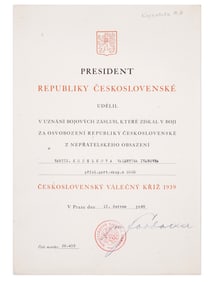 A CZECHOSLOVAKIAN CITATION ISSUED TO A FEMALE PARTISAN