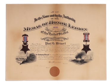 AN AMERICAN PAUL H. WEINERT MEDAL OF HONOR CERTIFICATE 1898