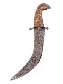 AN INDO-PERSIAN KHANJAR DAGGER WITH GOLD DAMASCENE HILT, 19TH CENTURY