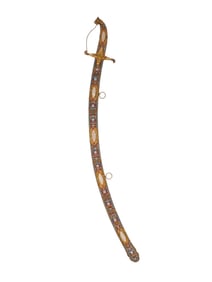 A DAGESTANI SWORD WITH GILT AND ENAMELLED SCABBARD AND TIGER POMMEL