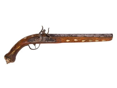 AN AFGHAN FLINTLOCK PISTOL WITH MOTHER OF PEARL INLAY, 19TH CEN.