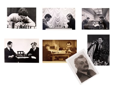 A SET OF SEVEN CHESS WORLD CHAMPIONS PHOTOGRAPHS