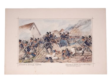 A SIGNED H. SATTLER WATERCOLOR, THE BATTLE OF DENNEWITZ 1813, NAPOLEONIC WARS, 1910